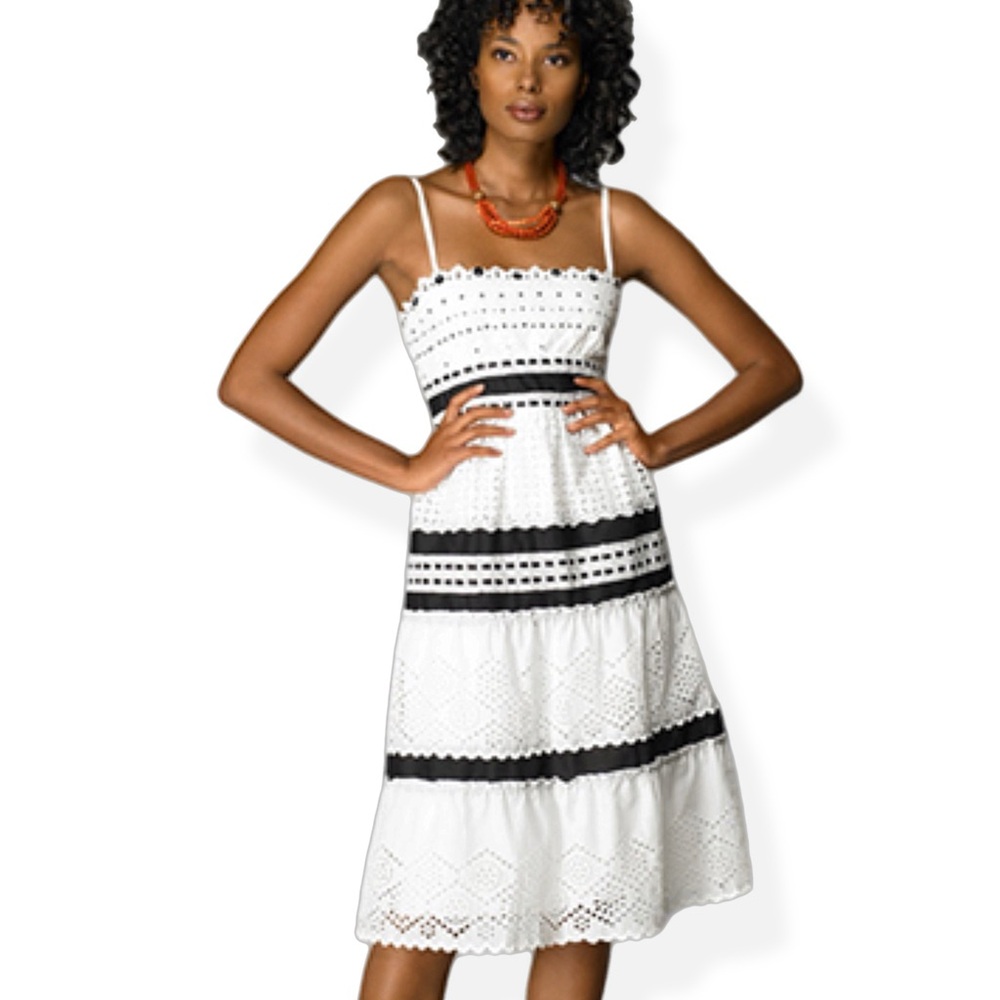 Y2K BCBG MaxAzria White & Black Eyelet Cotton Summer Dress with Silk lining